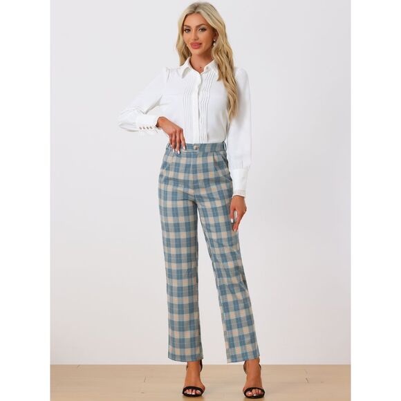Plaid Pants Elastic Waist Casual Work Office Long Trousers Khaki Gray Blue - Picture 3 of 5